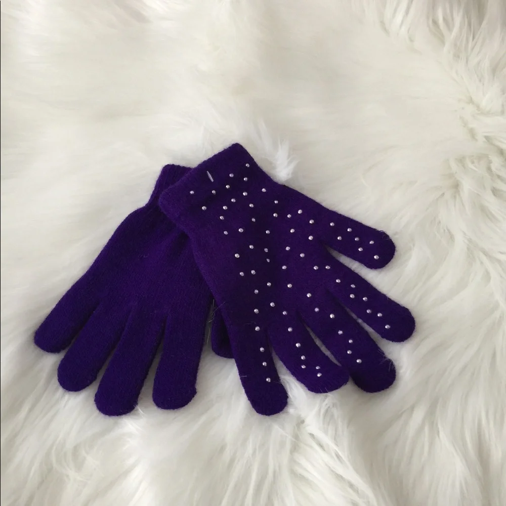2/$12 Girls Purple Rhinestone Knit Mittens | Kids Winter Gloves